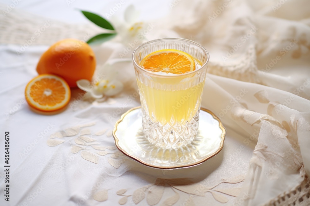 crystal glass containing cocktail and garnished with citrus twist on white linen tablecloth crystal glass containing cocktail and garnished with citrus twist on white linen tablecloth