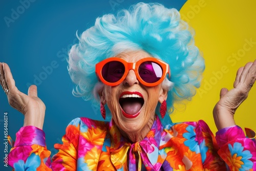 Portrait of cool old lady above 70 years old with fashionable stylish clothes. Funny granny portrait. Youthful grandmother with extravagant style. Seniority and elderly people fashion concept