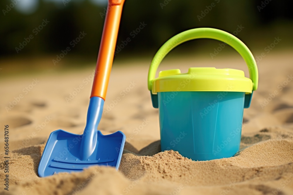toy shovel and pail on playground sand toy shovel and pail on playground sand