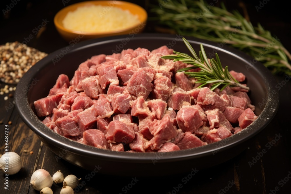 lamb stew meat with crumbled garlic and decorticated rosemary lamb stew meat with crumbled garlic and decorticated rosemary