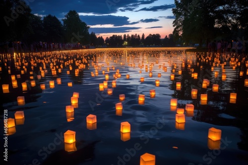 glowing lanterns dispersed over a still lake © altitudevisual