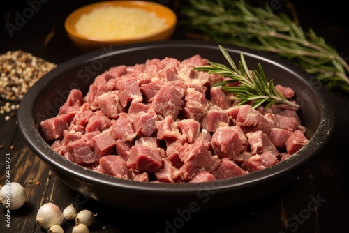 lamb stew meat with crumbled garlic and decorticated rosemary