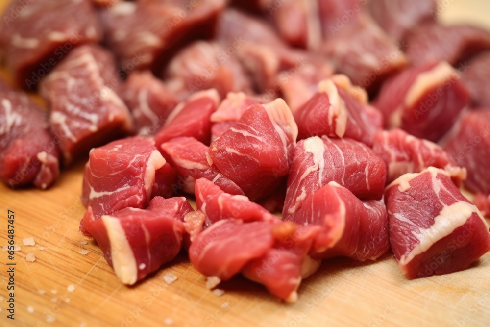 close-up of garlic cloves on raw steak tips close-up of garlic cloves on raw steak tips