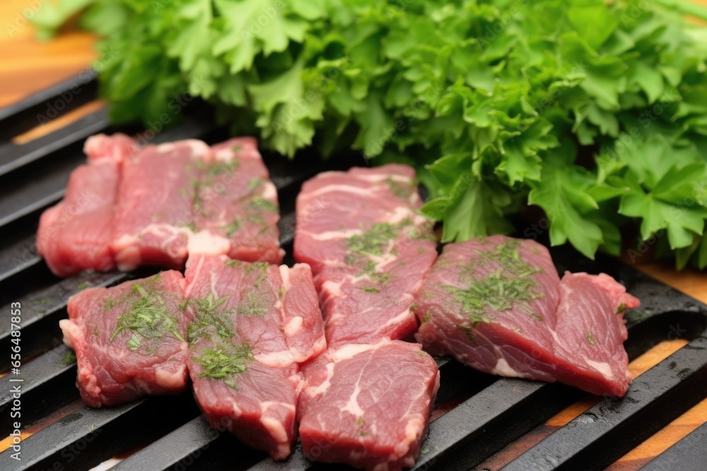 hand footprinting parsley leaves on garlic bbq steak tips slices hand footprinting parsley leaves on garlic bbq steak tips slices