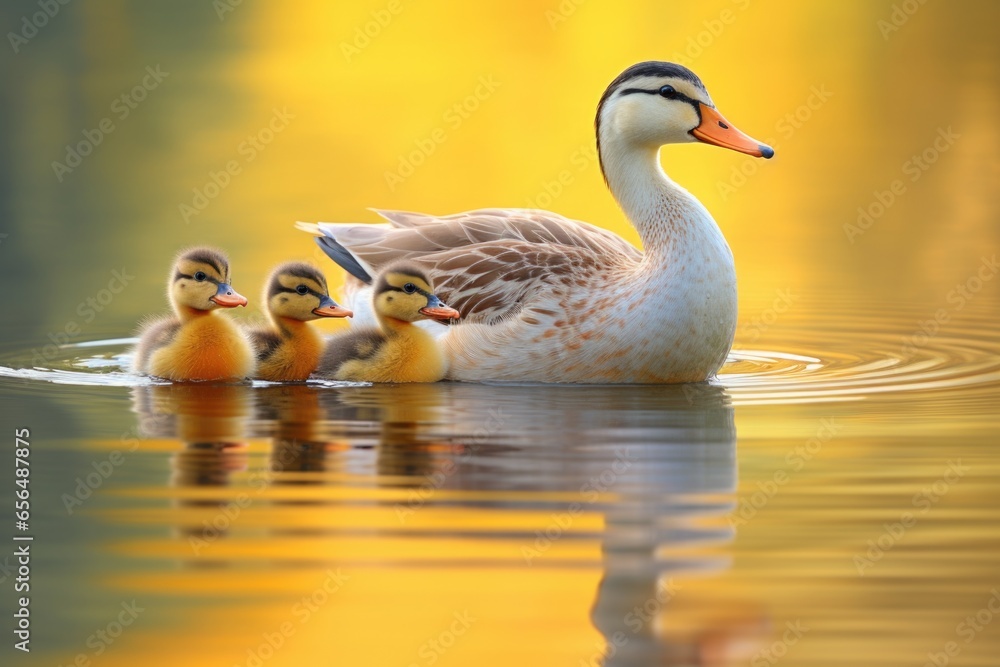 a mother duck leading ducklings through clear, calm water a mother duck leading ducklings through clear, calm water