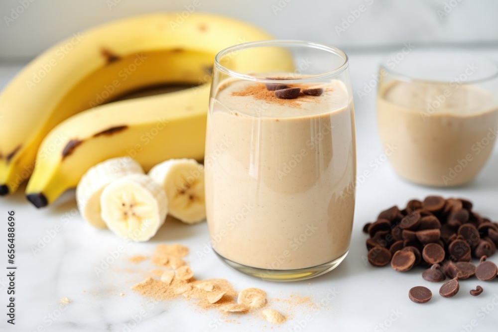 banana and peanut butter pieces sinking into smoothie glass banana and peanut butter pieces sinking into smoothie glass