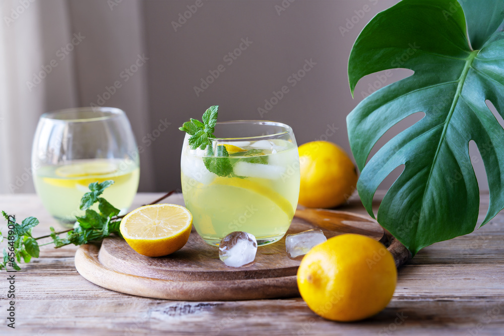 Cold homemade lemonade in glasses on the wooden cutting board and table with tropic plant, mint leaves and ice cubes