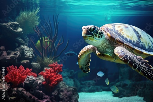 a fish and a turtle inside the same aquarium © altitudevisual