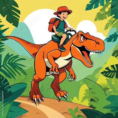 a childrens illustration, a brave young adventurer riding on the back dinosaur | illustration of a dinosaur