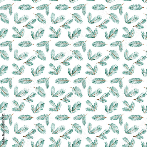 Hand drawn seamless watercolor pattern with pine branches