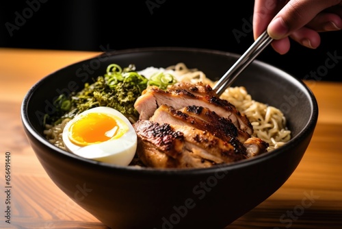 hand grilled chicken over a bowl of ramen