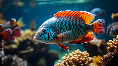 Colourful fishes are swimming in underwater coral