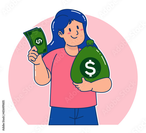 Cartoon woman carrying sack of money