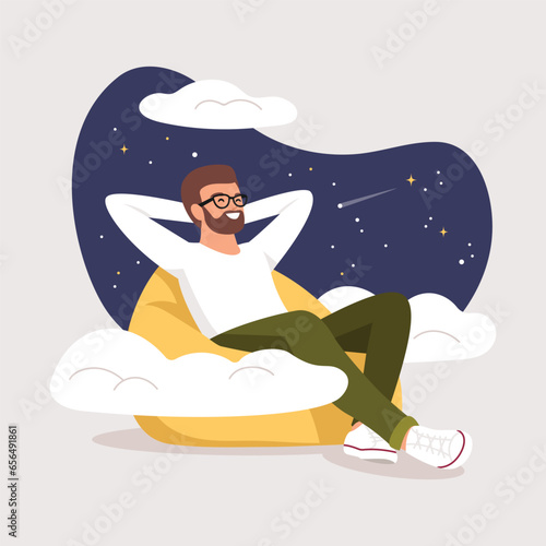 Vector illustration. A young man lies or sits on an ottoman and dreams