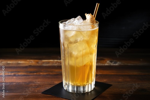 ginger ale in a clear pint glass with a straw