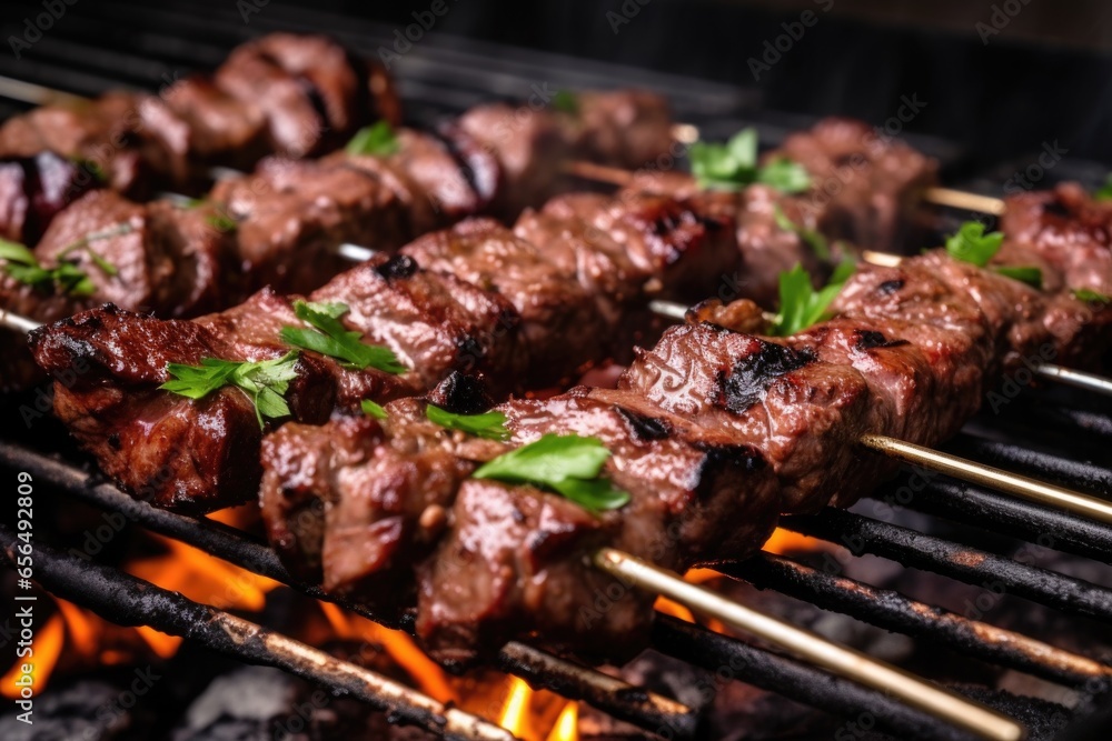 close-up shot of juicy lamb kebabs on skewers