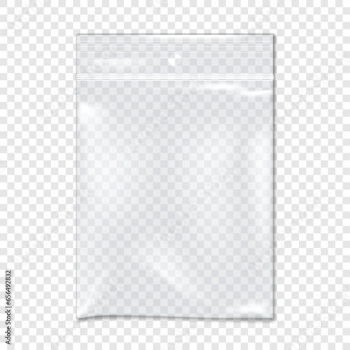 Clear vinyl zipper pouch with hanging hole realistic vector mockup. Transparent reclosable plastic bag with zip lock mock-up. PVC ziplock package template