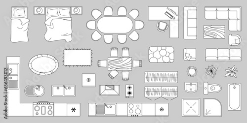 Furniture outline top view. Set of isolated linear icons for interior. Vector Illustration. Furniture and elements for apartments, living room, bedroom, kitchen, bathroom. Floor plan. Furniture store