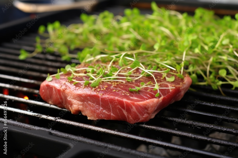 porterhouse steak on the grill with a microgreen garnish