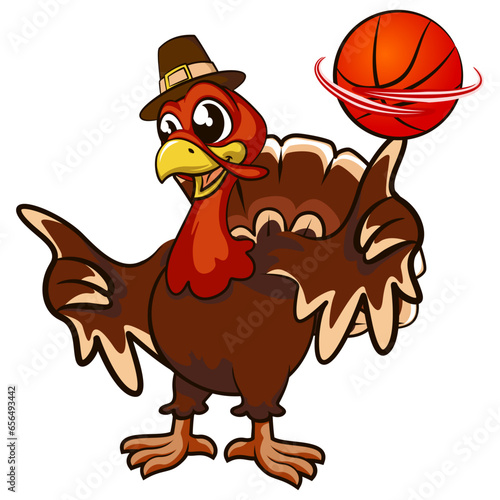 Photo The cartoon character mascot of a turkey spins a basketball on his finger