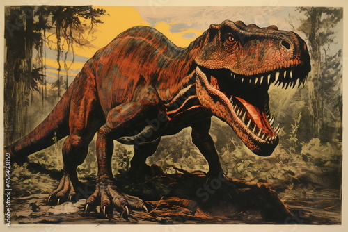 vintage red dinosaur lithograph print textured on old cream paper © Ricky