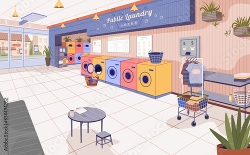 Laundry room with automatic washing and dryer machine, stacks of clean fold towels, clothes on rack, detergents, baskets and iron on shelves. Home or public laundromat with hanger for clean clothing