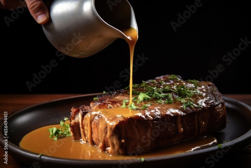 hand pouring gravy on a freshly grilled t-bone steak photo