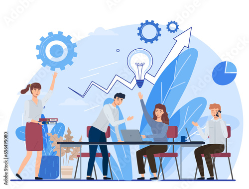 Teamwork concept with business people solving tasks together, sitting at table with laptop. Boss talking to subordinate in office. Collaboration employees talking discussing plan working with computer