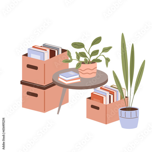 Coffee table with office supplies, cardboard boxes, documents and plants in pot. Vector illustrations of colored books in boxes in flat design isolated on white background, room interior concept
