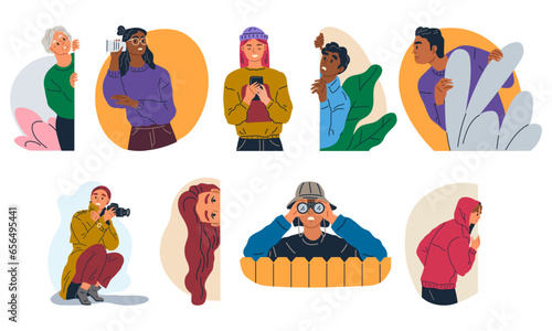 Spying, observing and sneaking. Vector illustration. Peeking person, silent observer maintaining watchful eye Spy, shadowy figure in realm of observation Sneaking secret, whispers of untold moving