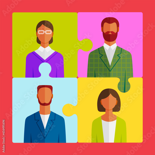 People flat icons, jigsaw puzzle portrait. Set of avatars of different characters, man and woman, team building, face icons to represent person in video game, internet forum, dating app account