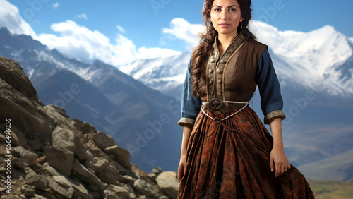 An adult woman from Armenia in traditional national clothing against the backdrop of a mountain landscape. Selective focus.