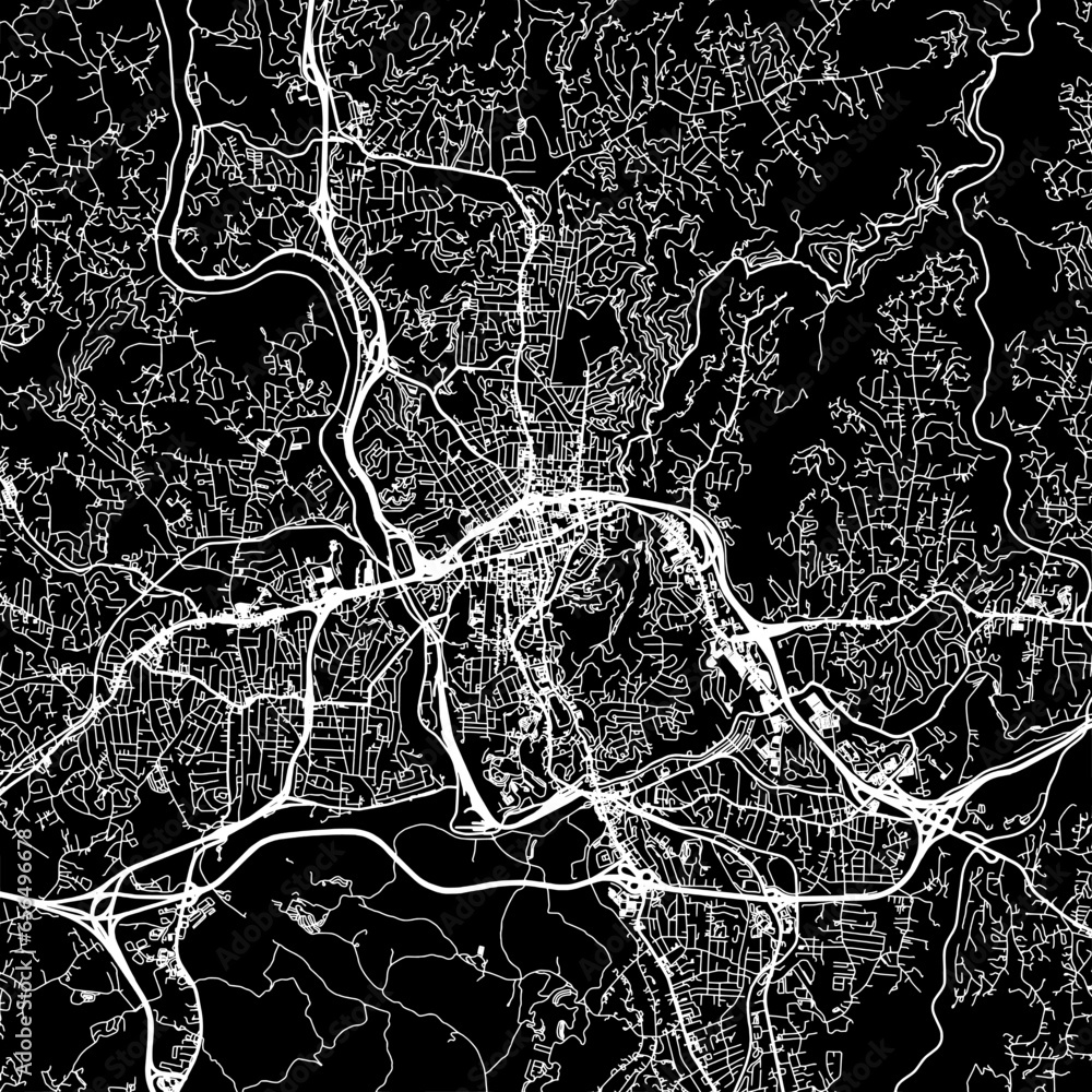 1:1 square aspect ratio vector road map of the city of Asheville North Carolina in the United States of America with white roads on a black background. 1:1 square aspect ratio vector road map of the city of Asheville North Carolina in the United States of America with white roads on a black background.