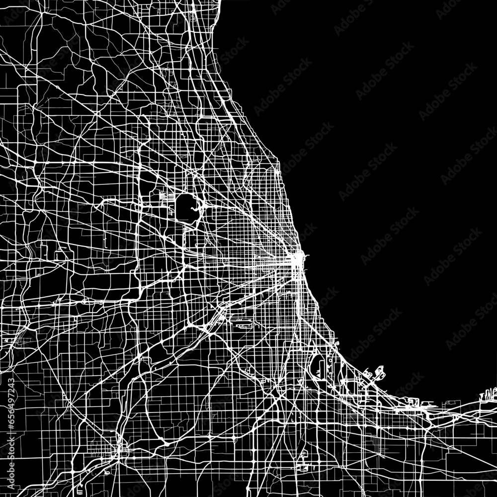 Naklejka premium 1:1 square aspect ratio vector road map of the city of Chicago Metro Illinois in the United States of America with white roads on a black background.