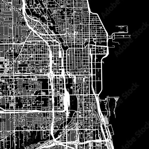 1:1 square aspect ratio vector road map of the city of  Chicago Center Illinois in the United States of America with white roads on a black background.