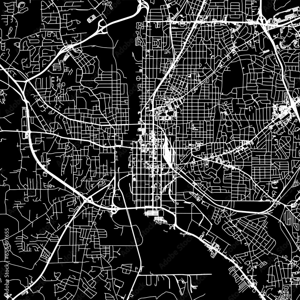 1:1 square aspect ratio vector road map of the city of  Columbus Georgia in the United States of America with white roads on a black background.