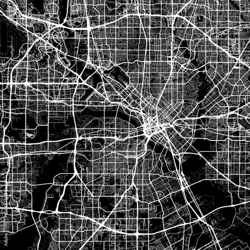1:1 square aspect ratio vector road map of the city of  Dallas Texas in the United States of America with white roads on a black background. photo