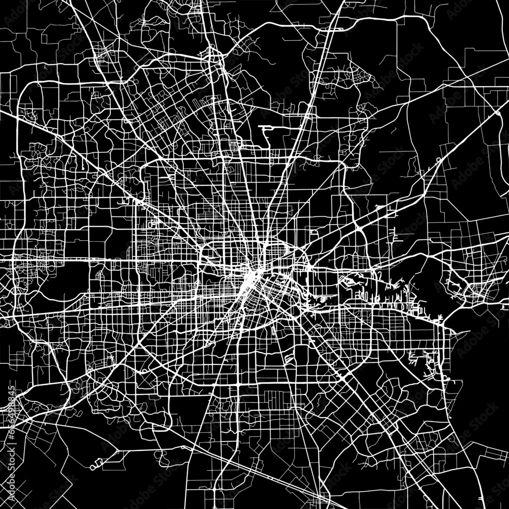 1:1 square aspect ratio vector road map of the city of  Houston Metro Texas in the United States of America with white roads on a black background.