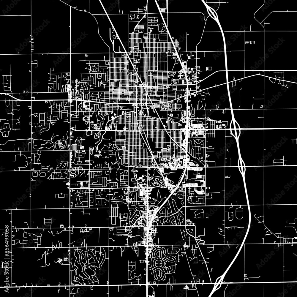 1:1 square aspect ratio vector road map of the city of  Kokomo Indiana in the United States of America with white roads on a black background.
