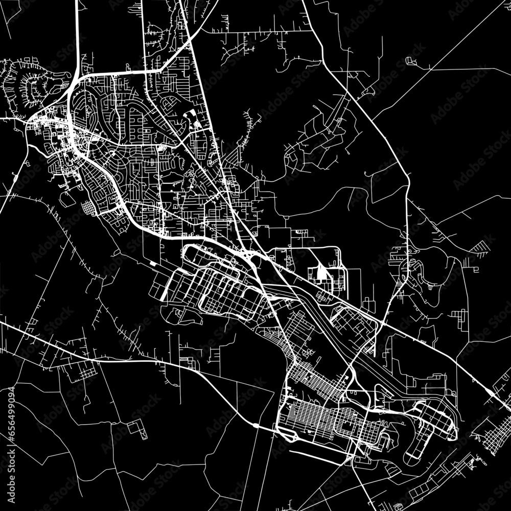 1:1 square aspect ratio vector road map of the city of  Lake Jackson Texas in the United States of America with white roads on a black background.