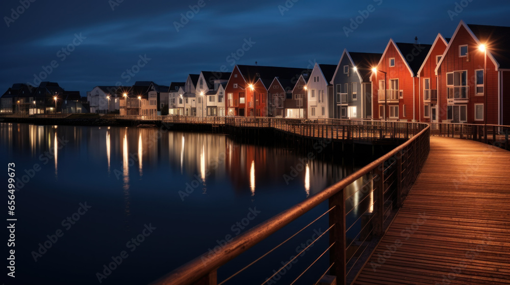 alignement de maison dans le style nordique la nuit au bord de l'eau