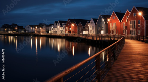 alignement de maison dans le style nordique la nuit au bord de l'eau