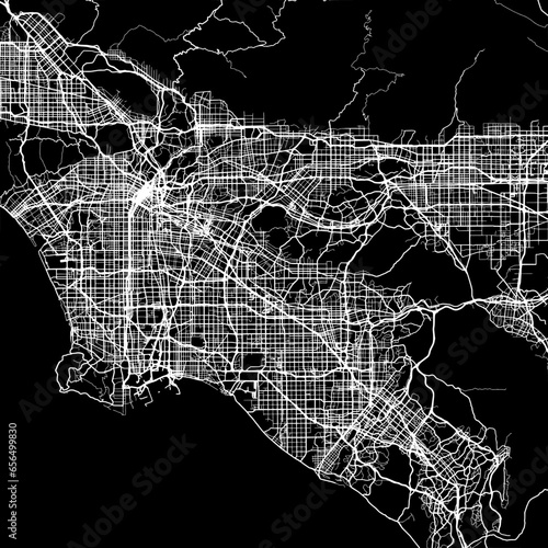 1:1 square aspect ratio vector road map of the city of  Los Angeles California in the United States of America with white roads on a black background.
