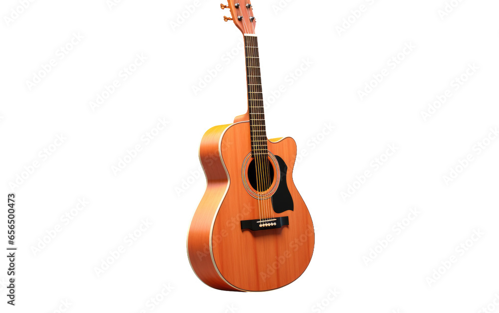 Standing Light Orange Acoustic Guitar on White Transparent Background.