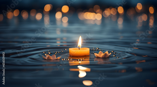 Burning Candle Floating on Water