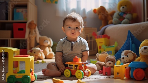 Baby boy playing colorful toys at home or nursery, Educational toys for preschool.