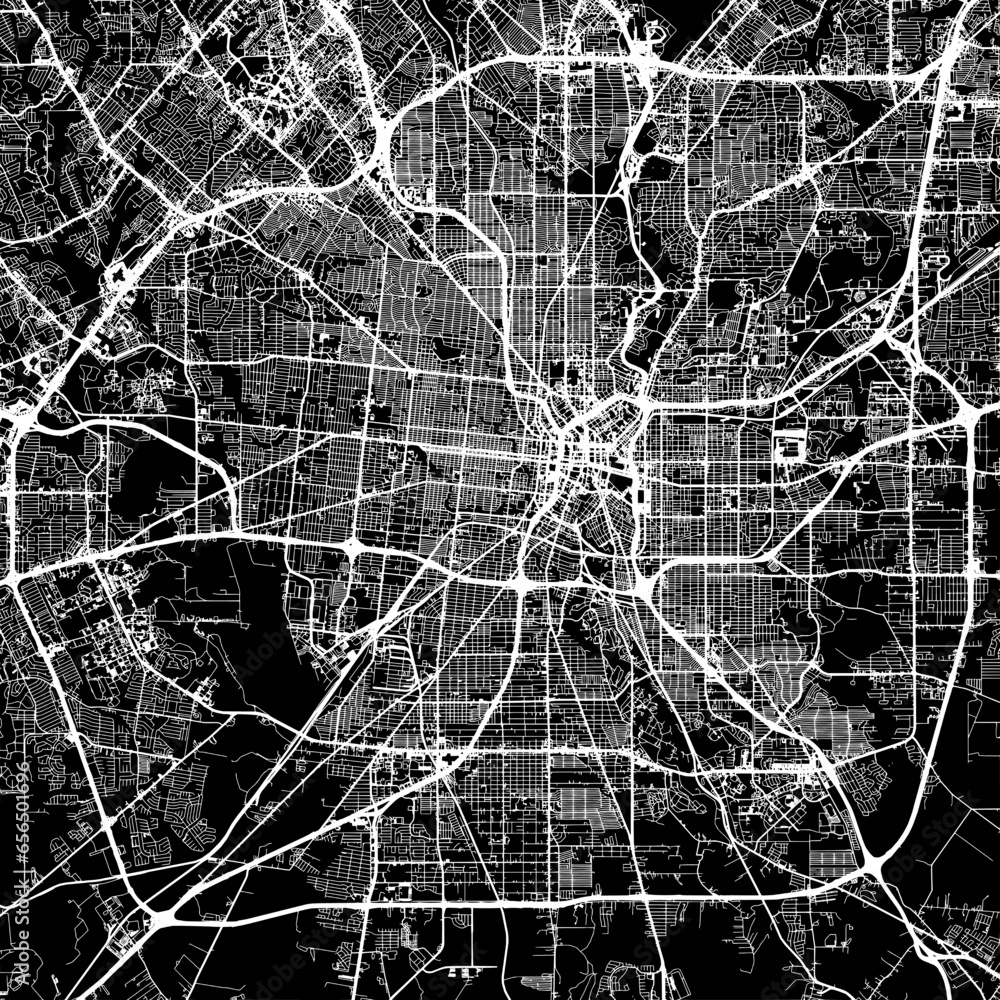 1:1 square aspect ratio vector road map of the city of  San Antonio Texas in the United States of America with white roads on a black background.