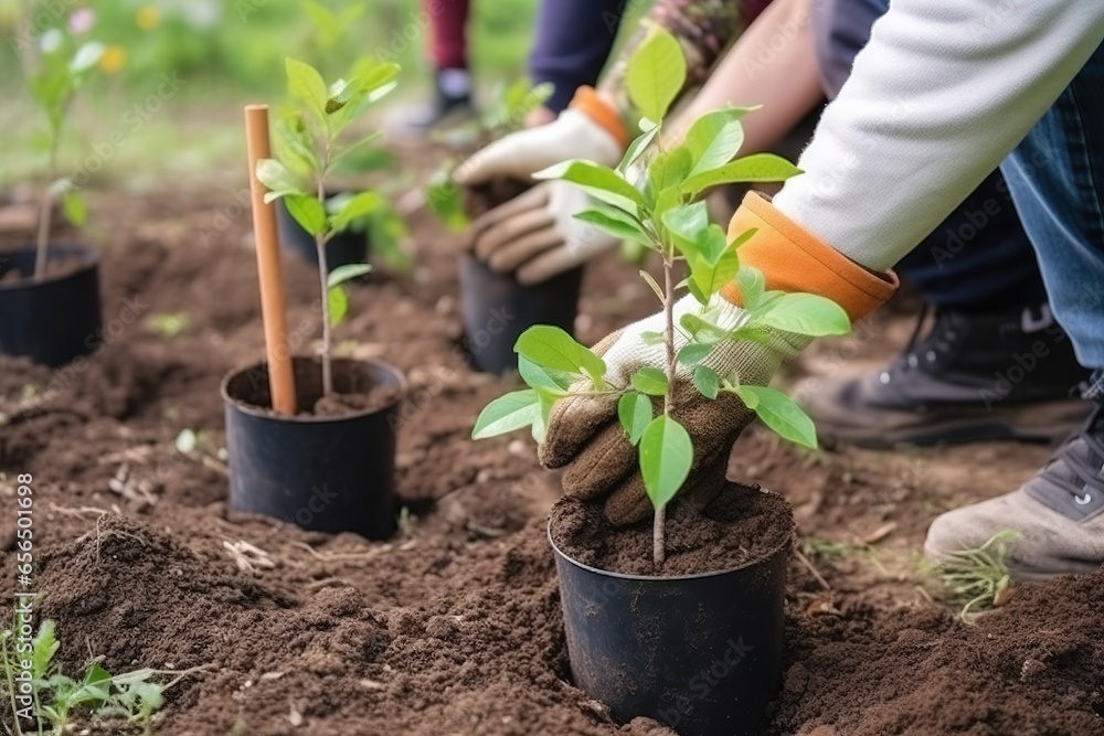  Junge Menschen im Ökotourismus helfen freiwillig bei der Aufforstung. Freiwilligenarbeit beim Bäume pflanzen. Keimling in die Erde setzen. Konzept Renaturierung: Welt retten für eine grüne Erde. - obrazy, fototapety, plakaty 