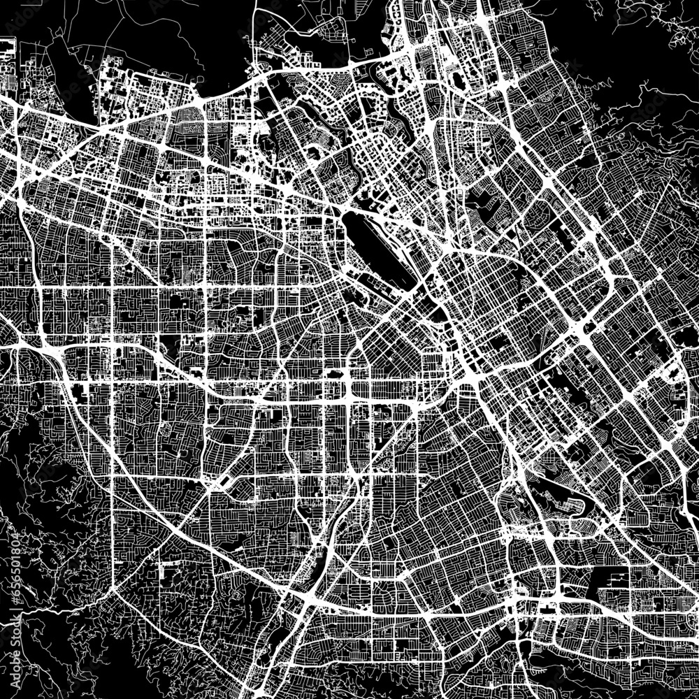 1:1 square aspect ratio vector road map of the city of  San Jose California in the United States of America with white roads on a black background.