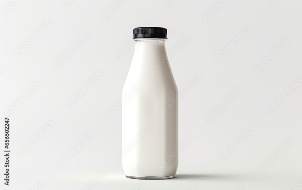 A bottle of milk on a white background with copy space. Glass product container mockup. Organic and healthy food concept. A bottle of milk on a white background with copy space. Glass product container mockup. Organic and healthy food concept.